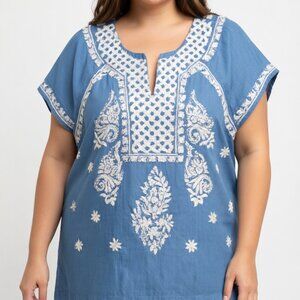 3X Chambray Top White Embroidery by Philosophy Denim Boho Plus Size Cotton